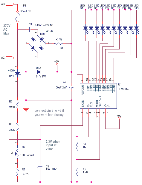 Mains Voltage monitor using
            LM3914